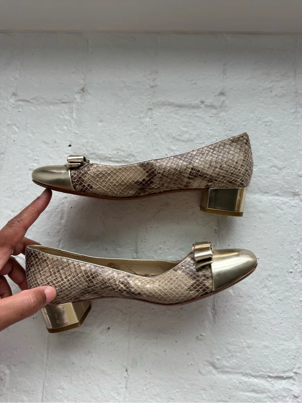 Coach ‘Rivera’ Metallic Taupe Snake-Print Low Block Heel Flats with Bow
